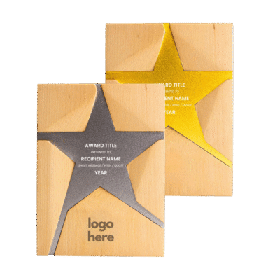 1.0 Main Custom Printed Wooden Trophy With Metal Star Merchlist Add Your Design or Logo to Custom Wooden Trophy