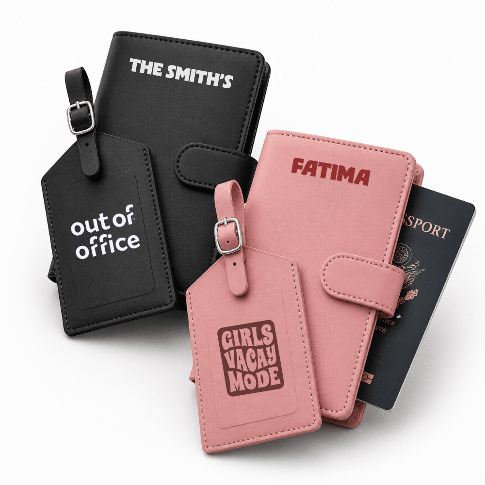 1. Main Custom Printed Voyager Passport Cover with Luggage Tag Merchlist Print Your Design or Logo on Custom Passport Cover Custom Luggage Tag Set Merchlist
