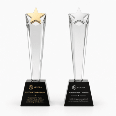 1. Main Custom Printed Engraved STELLAR Crystal Trophy with Metal Star Merchlist Gift Trophies for Awards Recognition and Achievement for Employees and Clients