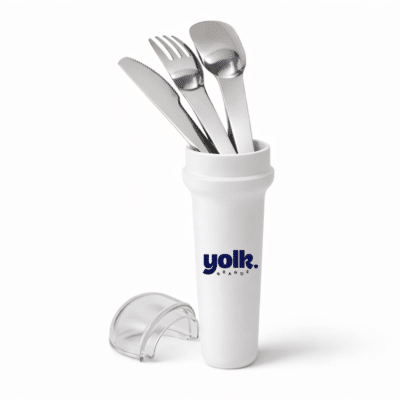 1. Main Custom Printed TRIO Travel Cutlery Set Merchlist Print Your Name or Logo on Custom Travel Cutlery Set Knife Spoon Fork Set