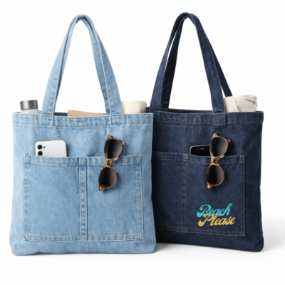 1. Main Custom Printed Pocket Denim Tote Bag Merchlist Print Your Design or Logo on Custom Denim Tote Bag with Pockets
