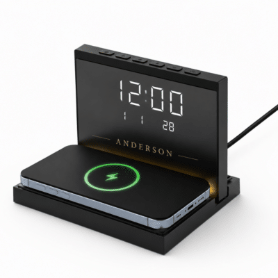 1. Main Custom Branded Dorniel Bedside 3-in-1 Charging Station Merchlist Print Your Name or Logo on Custom Alarm Clock with Charging Station
