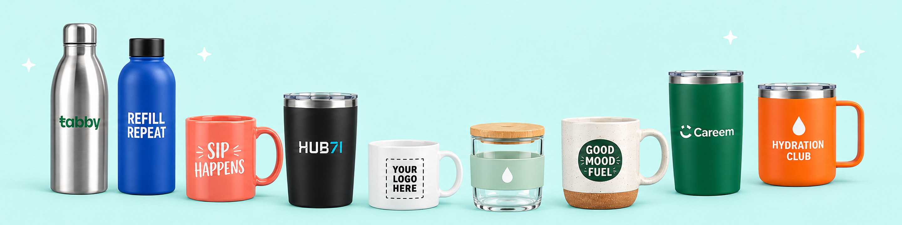 Custom bottles, mugs and glassware featuring current Tabby, Hub71 and Careem branding plus Refill Repeat, Sip Happens, Your Logo Here, Good Mood Fuel and Hydration Club designs