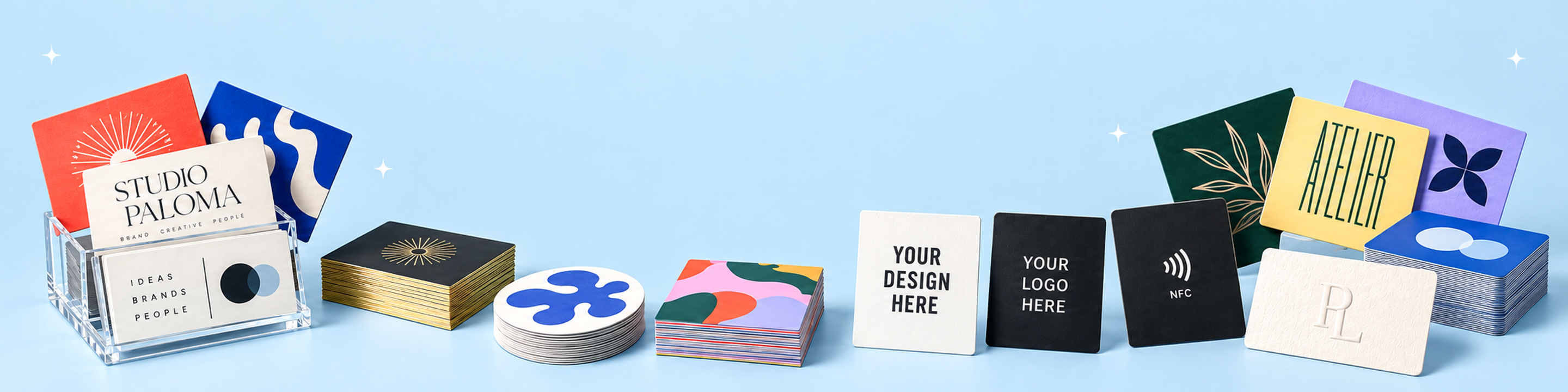Colourful custom business cards in matte, textured and foil finishes, including circular cards, an NFC card and design samples