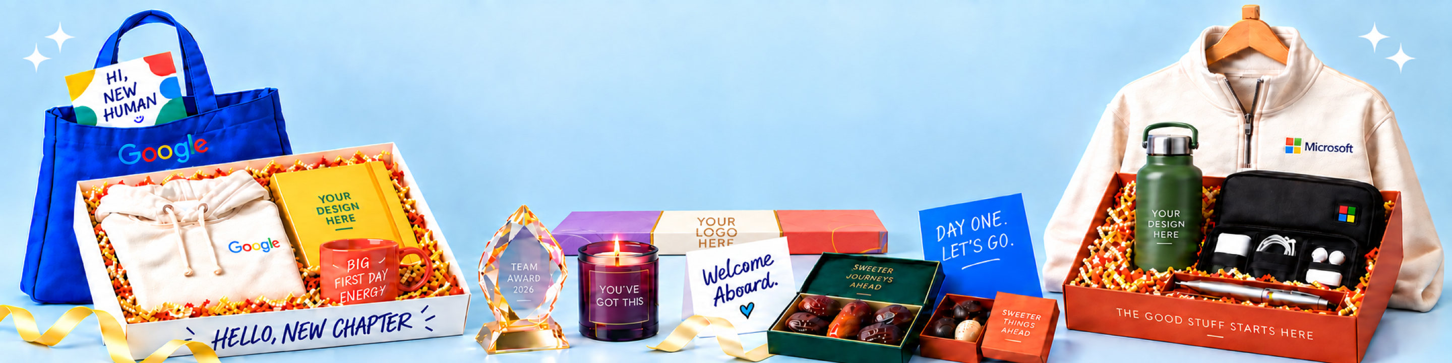 Corporate welcome gifts with branded Google and Microsoft merchandise, custom gift boxes, award, candle and dates