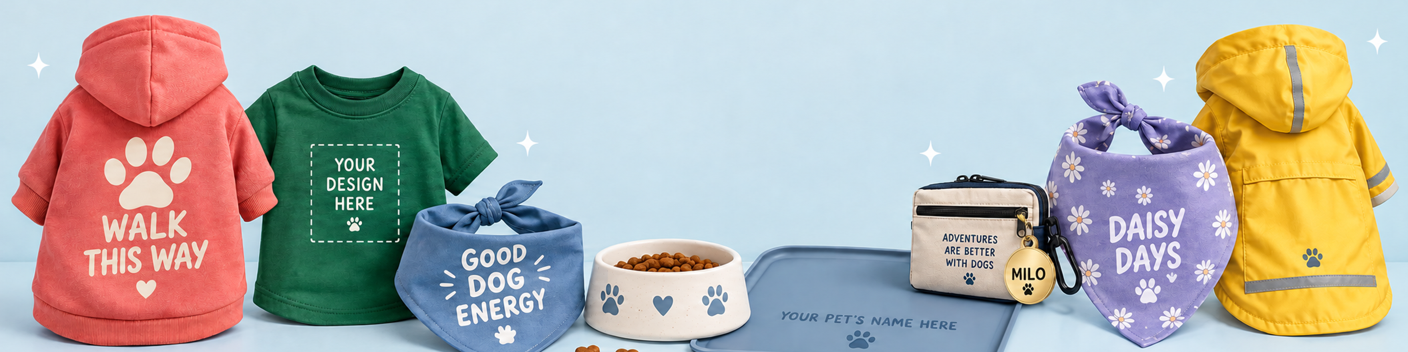 Custom pet merchandise including dog hoodies, T-shirt, bandanas, food bowl, feeding mat and engraved tag