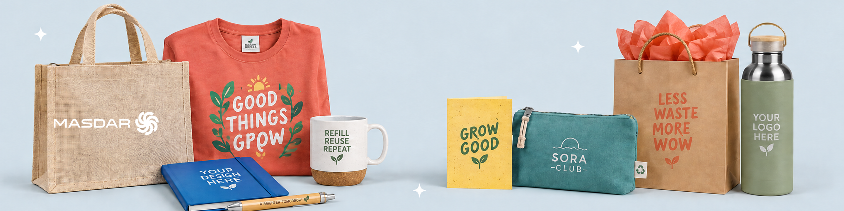 Eco-friendly tote bag, reusable bottle, T-shirt, notebook and sustainable gifts