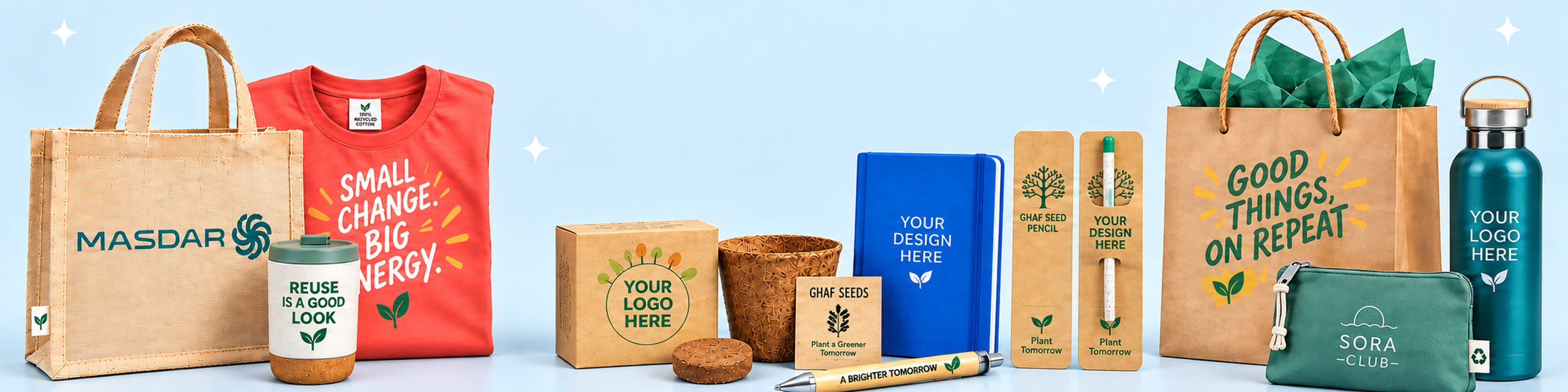 Eco-friendly tote, Ghaf seed plantable pencils and kit, recycled T-shirt, reusable bottle and sustainable gifts