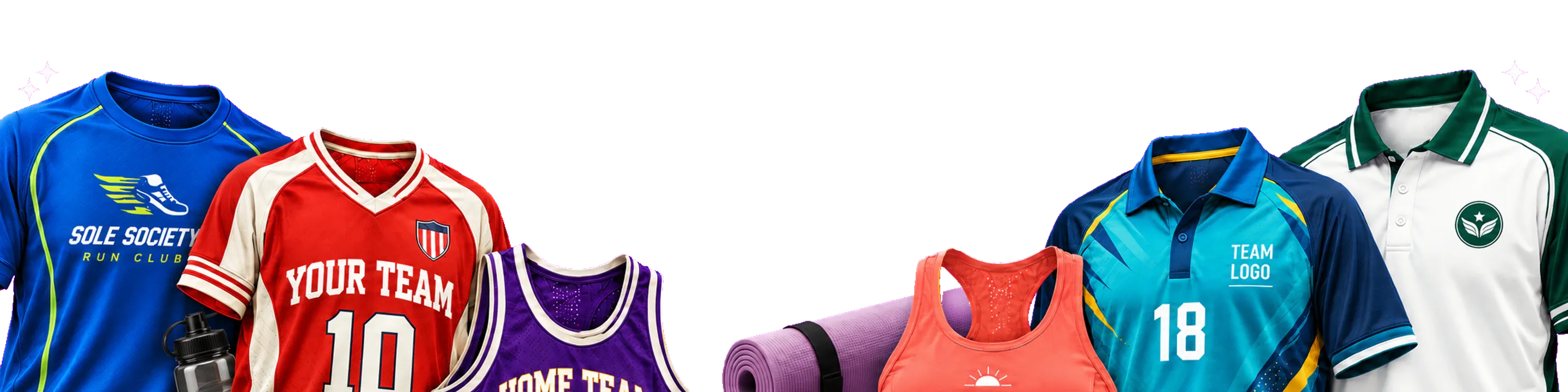 Custom sportswear featuring a Sole Society run club shirt, football jersey, cricket jersey, basketball jersey, yoga top, Dri-Fit polo, cap, yoga mat and bottle