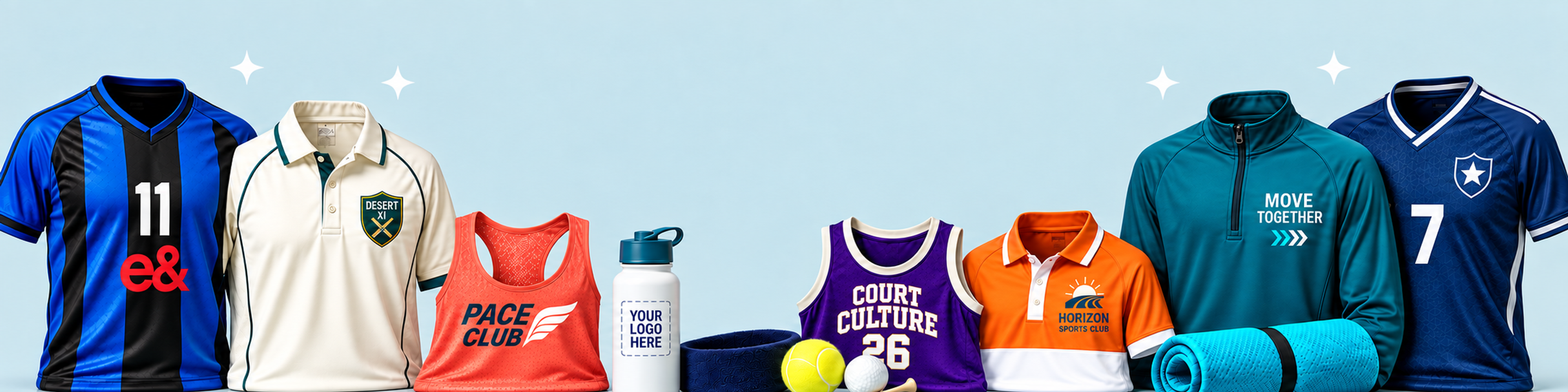 Custom jerseys and sportswear featuring football, cricket, running and basketball tops, a performance polo and quarter-zip, plus a sports bottle, headband, tennis and golf accessories