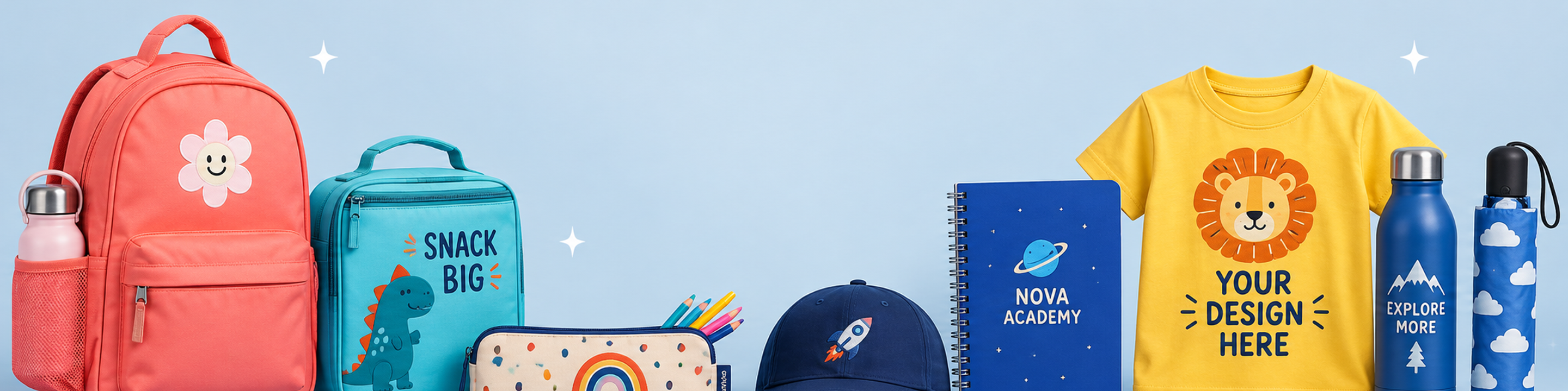 Custom kids and school merchandise including colourful backpack, T-shirt, lunchbox, pencil case and notebook