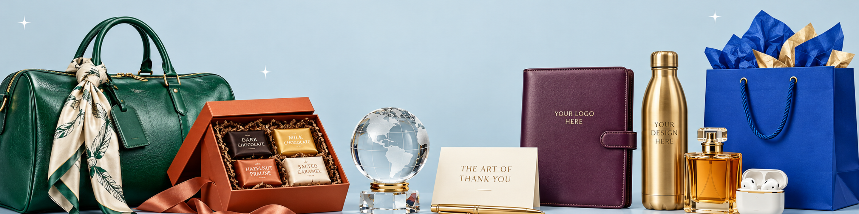 Luxury Gifts assortment with emerald leather weekender, open chocolate gift box, crystal award, executive folio, gold bottle, perfume and cobalt gift bag