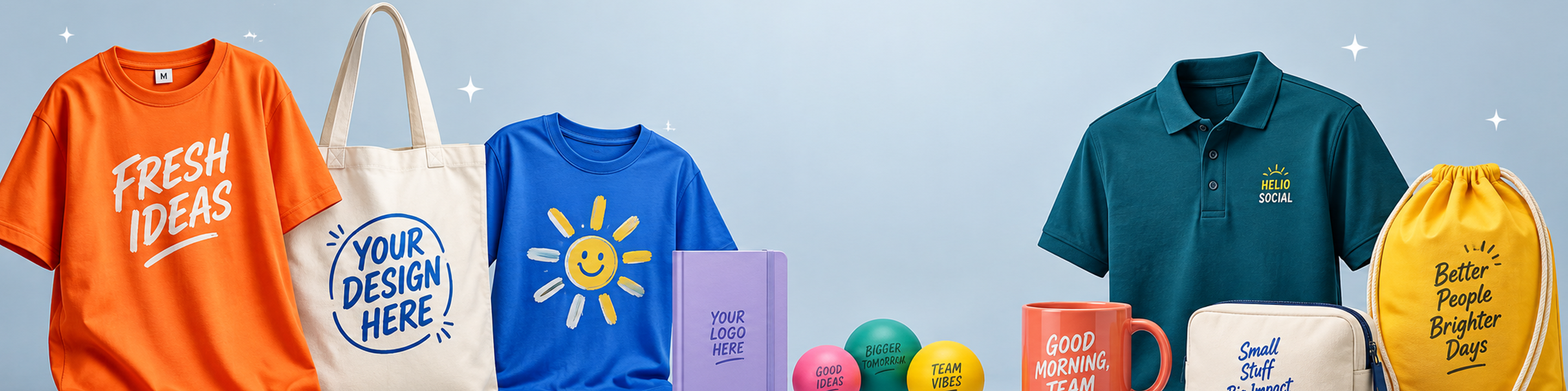 New custom merchandise assortment with oversized tee, tote, t-shirt, notebook, stress balls, polo, mug, pouch and drawstring bag