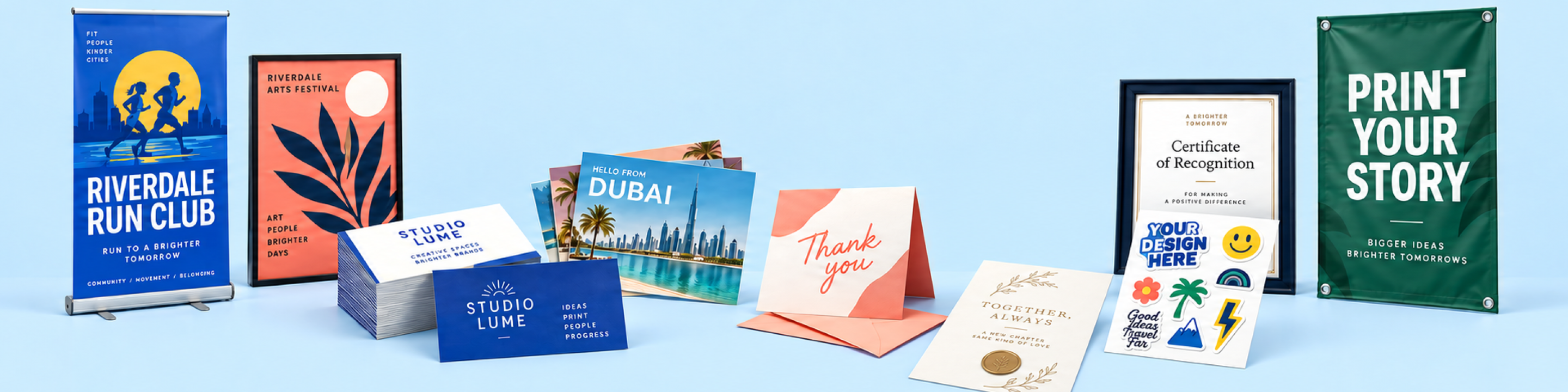 Custom printed display banners, posters, business cards, postcards, thank-you notes, wedding invitations, stickers and certificates