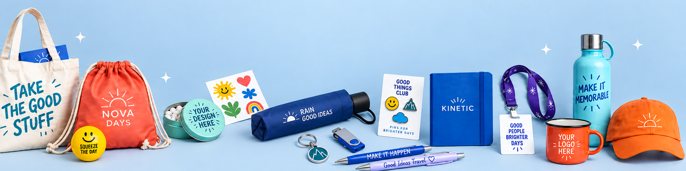 Custom promotional giveaways including printed tote and drawstring bags, stress ball, tin, stickers, compact umbrella, enamel pins, pens, lanyard, notebook, mug, bottle and cap