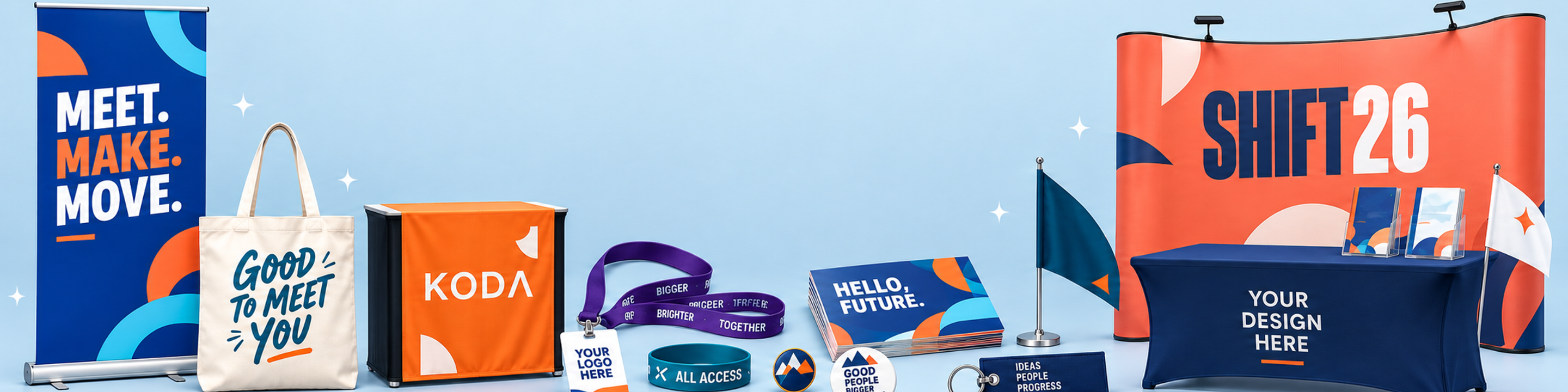 Branded tradeshow roll-up banner, tote bag, event counter, lanyard, wristband, buttons, brochures, pop-up display and table cover