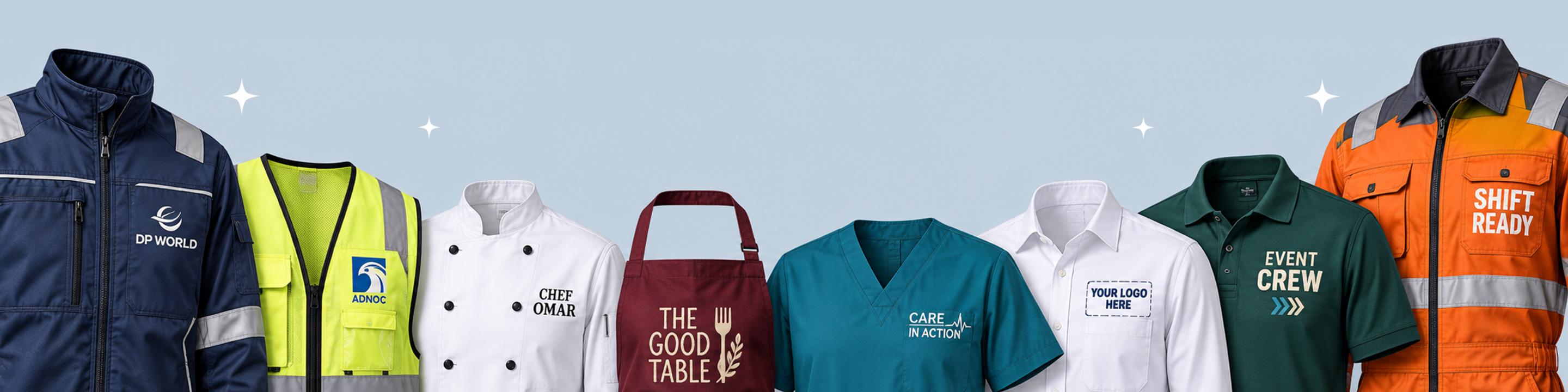 Premium custom uniforms and workwear featuring a DP World logistics jacket, ADNOC safety vest, CHEF OMAR chef jacket, branded apron, medical scrubs, formal pocket shirt, event crew polo and industrial coverall