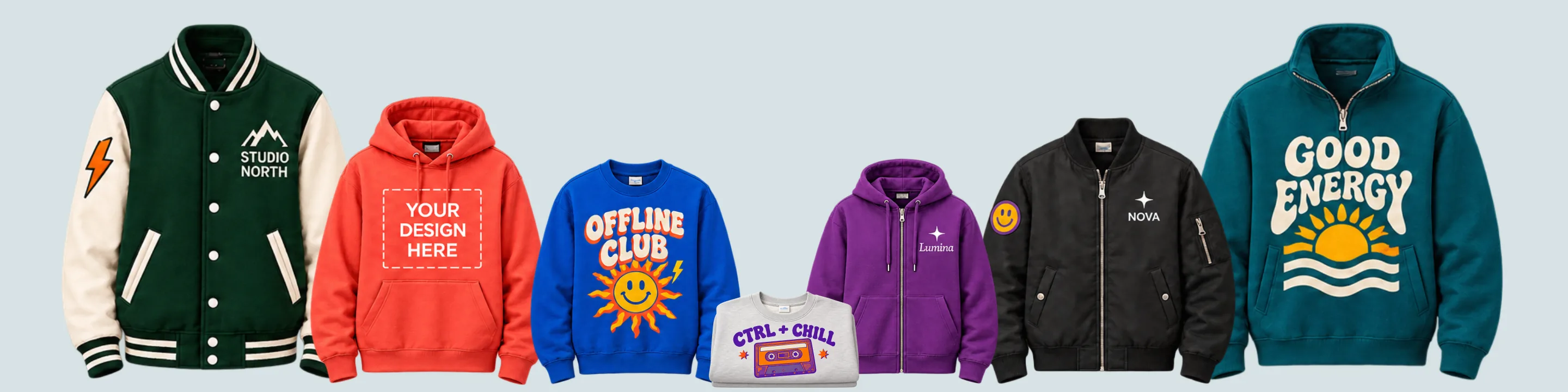 Custom outerwear featuring a forest varsity jacket, coral hoodie, cobalt sweatshirt, folded grey sweatshirt, purple zip hoodie, black NOVA bomber and teal quarter-zip